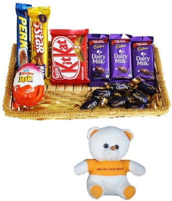 Cadbury Teddy With Chocolate Gift Basket Hamper | Valentine Speacial Teddy Bear Combo(1 Basket of 3 Pcs Dairy Milk (13.2g), 1 Kit Kat (12.8g), 1 5 Star (25g), 1 Perk (13g), 5 Pcs Eclairs, 1 Kinder Joy, 1 You Are Very Special Teddy)