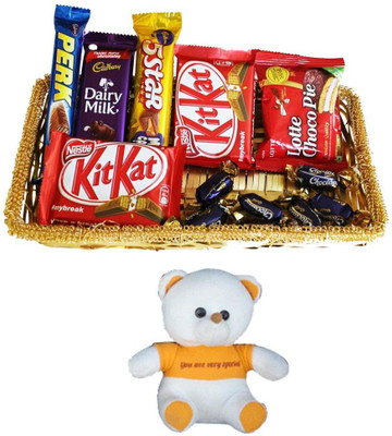 Cadbury Happy Birthday Teddy and Chocolate Basket Hamper | Valentine Speacial Teddy Bear Combo(1 Basket of 2 Pcs Kit Kat (12.8g), 1 Perk (13g), 1 5 Star (25g), 1 Dairy Milk (13.2g), 1 Lotte Choco Pie (25g), 5 Pcs Eclairs, 1 You Are Very Special Teddy) Cadbury Happy Birthday Teddy and Chocolate Basket Hamper | Valentine Speacial Teddy Bear Combo(1 Basket of 2 Pcs Kit Kat (12.8g), 1 Perk (13g), 1 5 Star (25g), 1 Dairy Milk (13.2g), 1 Lotte Choco Pie (25g), 5 Pcs Eclairs, 1 You Are Very Special Teddy)