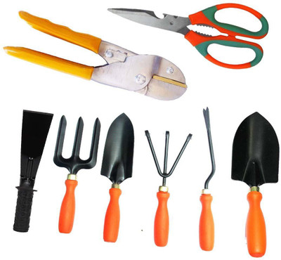 ERIN Gardening Tool Sets combo pack of 8 Pcs ( Garden Tool Sets With Flemingo Cutter, Multipurposes Scissor For Garden & Kitchen, Khurpa 2 Inches ) Garden Tool Kit(8 Tools)