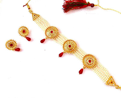 NIKYANKA Brass Gold-plated Gold, Red, White Jewellery Set(Pack of 1)