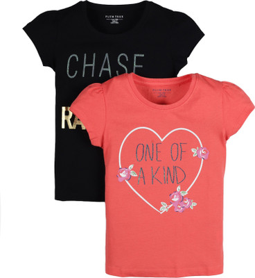 Plum Tree Girls Printed Pure Cotton Regular T Shirt(Multicolor, Pack of 2)