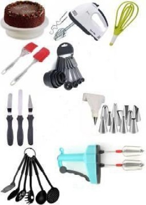 VVG TRADERS Cake making tools set Cake Making Revolving Turn Table,12 Piece Cake Decorating nozzles set with Silicone Icing Bag and Coupler, 3-in-1 Multi-Function Stainless Steel Cake Icing Spatula Knife Set and and Silicone Basting Brush and spetula Palette Knife Combo Egg Beater and Food Blender w