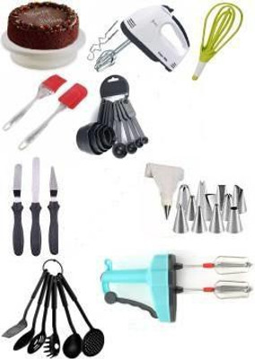 VVG TRADERS Cake making tools set Cake Making Revolving Turn Table,12 Piece Cake Decorating nozzles set with Silicone Icing Bag and Coupler, 3-in-1 Multi-Function Stainless Steel Cake Icing Spatula Knife Set and and Silicone Basting Brush and spetula Palette Knife Combo Egg Beater and Food Blender w