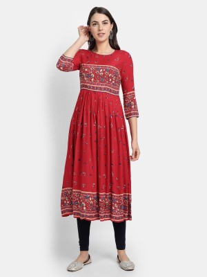 ZEBASA Women Printed Anarkali Kurta(Red)