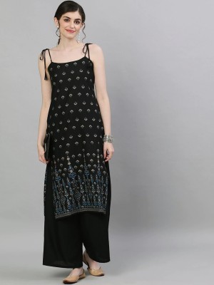 Made In Desi Women Printed Straight Kurta(Black)