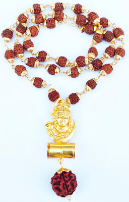 LETNIX Religious Jewellery Trendy Look Cap Mala With BIg Size Shivji Damru Pendant Locket Gold Plated Brass Chain Gold-plated Plated Brass, Wood Chain