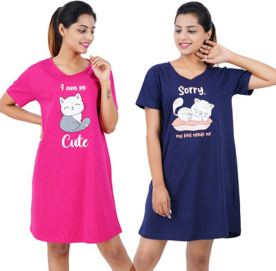 BEFLI Women Nightshirts(Pink, Blue)