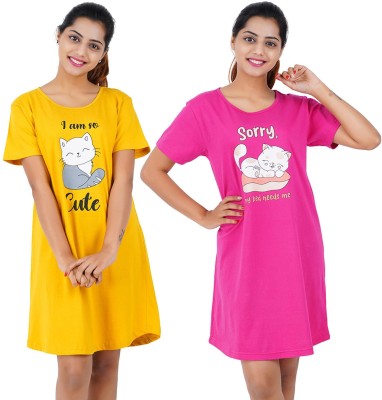 BEFLI Women Nightshirts(Yellow, Pink)