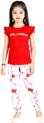 AD & AV Girls Embroidered Red Top & Pyjama Set