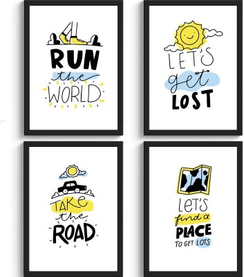 SC CREATIVES Set of 4 Travel Minimal Quotes Framed Art Prints Painting with Plexi Glass Wall Art Gift Posters for Wall Decor Wall Hangings - Black Frame | Ready To Hang Digital Reprint 12 inch x 9 inch Painting(With Frame, Pack of 4)