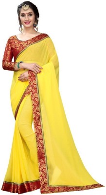 Glamour Hub Solid Daily Wear Georgette, Chiffon Saree(Red, Yellow)