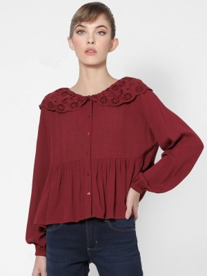 ONLY Casual Full Sleeve Embroidered Women Maroon Top