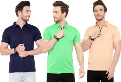 Tivy Solid Men Polo Neck Dark Blue, Green, Orange T-Shirt