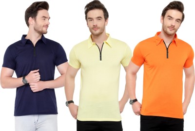 Adorbs Solid Men Polo Neck Dark Blue, Orange, Yellow T-Shirt