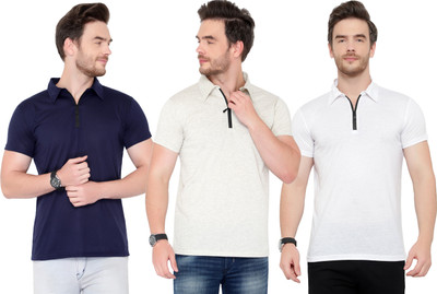 Adorbs Solid Men Polo Neck Dark Blue, White, Grey T-Shirt