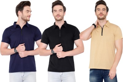 Adorbs Solid Men Polo Neck Dark Blue, Black, Beige T-Shirt