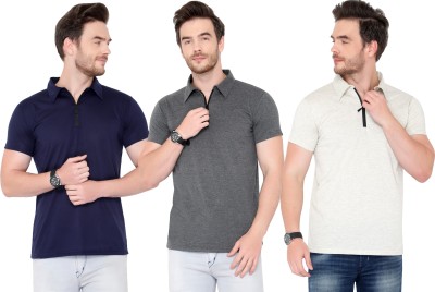 Adorbs Solid Men Polo Neck White, Blue, Grey T-Shirt