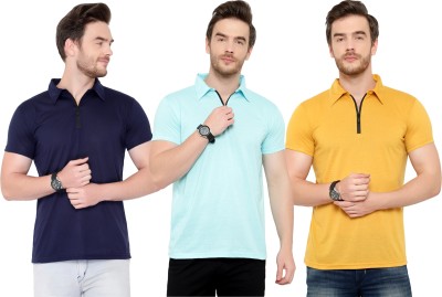 Tivy Solid Men Polo Neck Dark Blue, Light Blue, Yellow T-Shirt