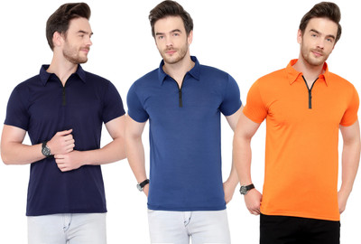 Adorbs Solid Men Polo Neck Dark Blue, Blue, Orange T-Shirt