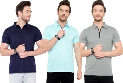 Adorbs Solid Men Polo Neck Dark Blue, Light Blue, Grey T-Shirt