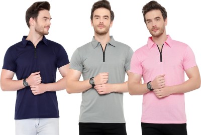 Adorbs Solid Men Polo Neck Blue, Pink, Grey T-Shirt