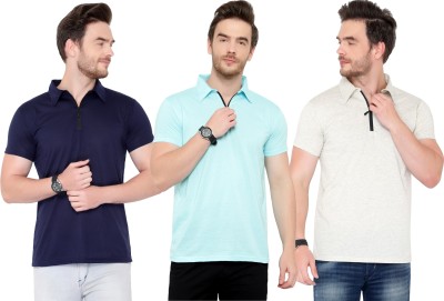 Tivy Solid Men Polo Neck Dark Blue, Light Blue, Grey T-Shirt