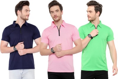 Adorbs Solid Men Polo Neck Dark Blue, Green, Pink T-Shirt