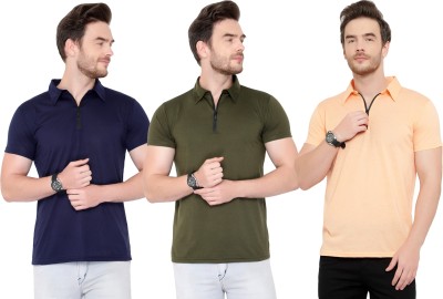 Adorbs Solid Men Polo Neck Dark Blue, Dark Green, Orange T-Shirt