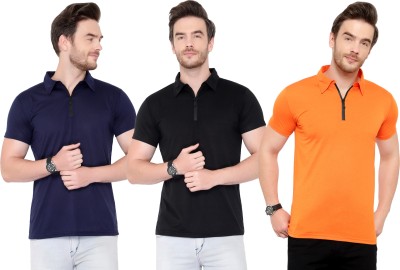 Tivy Solid Men Polo Neck Dark Blue, Black, Orange T-Shirt