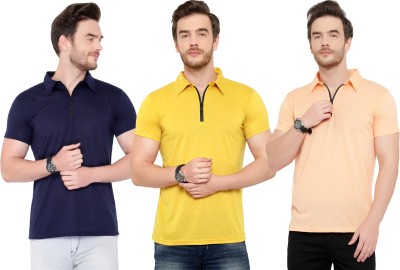 Tivy Solid Men Polo Neck Dark Blue, Orange, Yellow T-Shirt