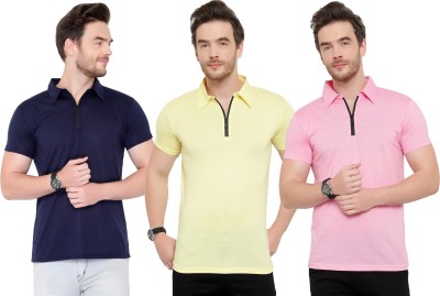 Tivy Solid Men Polo Neck Dark Blue, Pink, Yellow T-Shirt