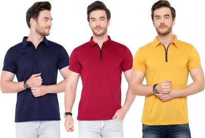 Tivy Solid Men Polo Neck Dark Blue, Maroon, Yellow T-Shirt