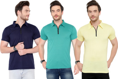 Adorbs Solid Men Polo Neck Dark Blue, Light Blue, Yellow T-Shirt