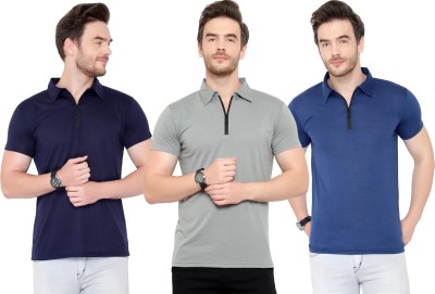 Adorbs Solid Men Polo Neck Dark Blue, Blue, Grey T-Shirt