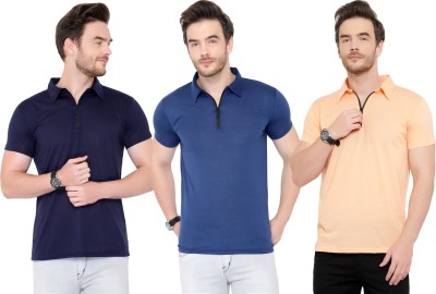 Tivy Solid Men Polo Neck Dark Blue, Blue, Beige T-Shirt