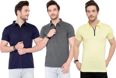 Tivy Solid Men Polo Neck Dark Blue, Grey, Yellow T-Shirt