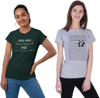 NEO GARMENTS Printed, Graphic Print Women Round Neck Dark Green, Grey T-Shirt