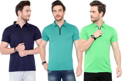 Adorbs Solid Men Polo Neck Dark Blue, Light Blue, Green T-Shirt
