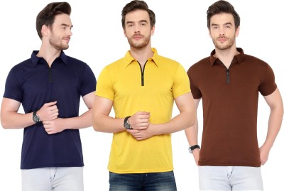 Tivy Solid Men Polo Neck Dark Blue, Brown, Yellow T-Shirt