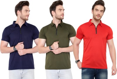 Adorbs Solid Men Polo Neck Dark Blue, Dark Green, Red T-Shirt