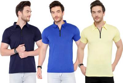 Adorbs Solid Men Polo Neck Dark Blue, Light Blue, Yellow T-Shirt