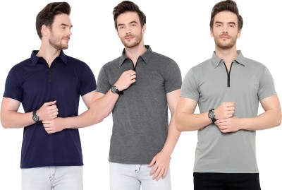 Tivy Solid Men Polo Neck Dark Blue, Grey T-Shirt