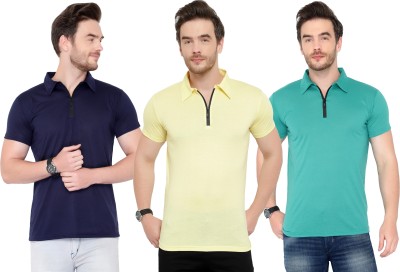 Adorbs Solid Men Polo Neck Dark Blue, Light Blue, Yellow T-Shirt