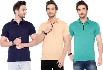 Tivy Solid Men Polo Neck Dark Blue, Light Blue, Orange T-Shirt