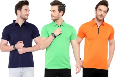 Tivy Solid Men Polo Neck Dark Blue, Orange, Light Green T-Shirt