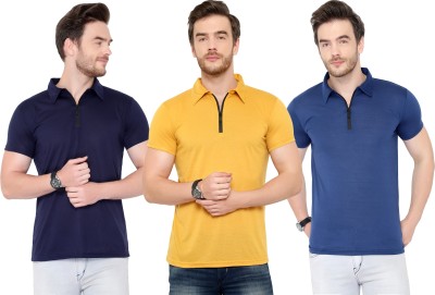 Tivy Solid Men Polo Neck Dark Blue, Yellow T-Shirt