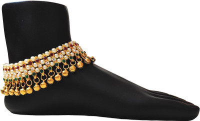Nutty Bunny Shop4dreams (Multi-red green double)Antique Traditional Kundan Pearls Stone Fancy Stylish Gold Plated Payal/Anklet/Pajeb/Payjeb/Painjan/Ghungroo/Anklet Bracelet/Pattilu for Women and Girls Alloy Anklet
