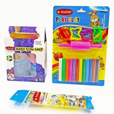 Rabbit Magic Flow Sand 500gms + Play Clay Blister 12 + Tempera Colors ( 6) | Safe and best Play Clay for kids| Best Sand for Kids|+ Tempera Colors| Play Clay for Boys| Play Dough for Girls|| Best Quality| Sand For Kids| Modelling Dough Clay| Clay and Sand Combo Play Dough Perfect Slime For Kids Perf