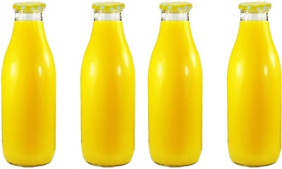 Spillbox Transparent glass bottle with air tight yellow cap,Milk, Water, Juice green-500ml 500 ml Bottle(Pack of 4, Yellow, Glass)