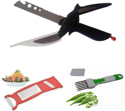 Samarpan Combo of 4 in 1 Clever Cutter, 3 in 1 Cheese Grater with Vegetable Neki Cutter (Pack of 3,Multi Color) Vegetable & Fruit Chopper(3)